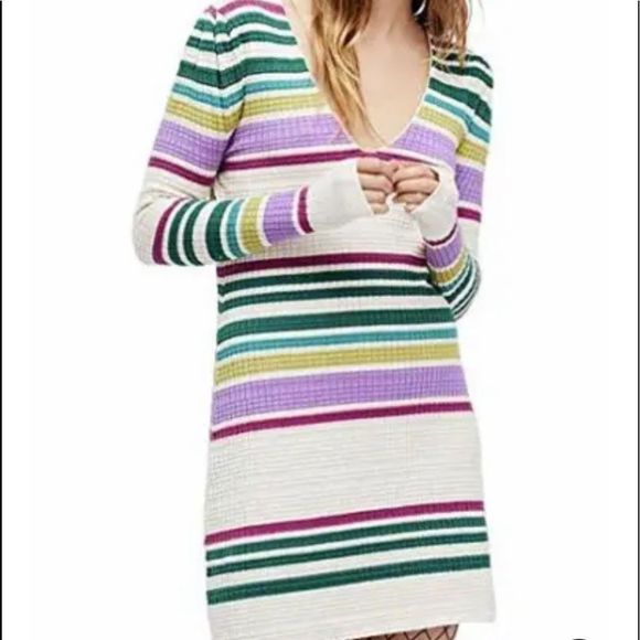 Free People Dresses & Skirts - Free People Womens Gidget Ivory Striped V-neck Sweater Dress Small NWOT